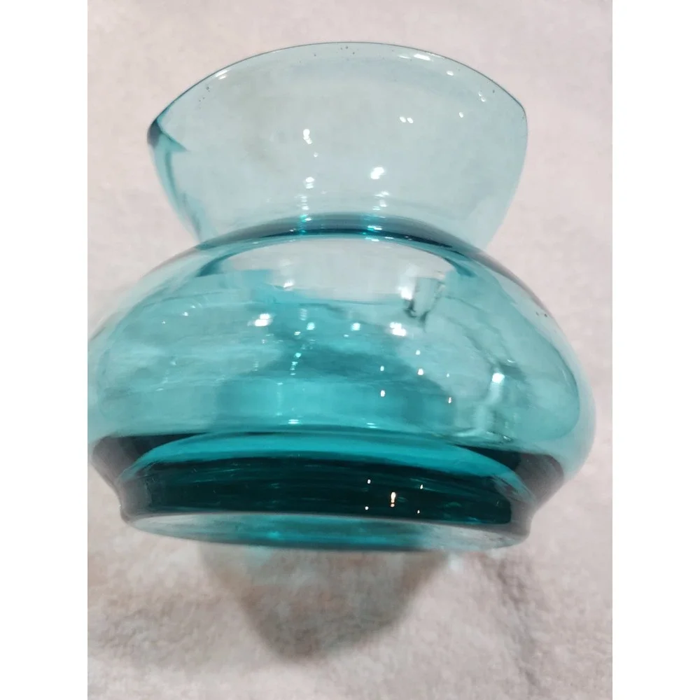 Vintage~MCM~Blue~Pitcher-Squatty~Flat Bottom~Clear Handle~ Squared Top~Beautiful